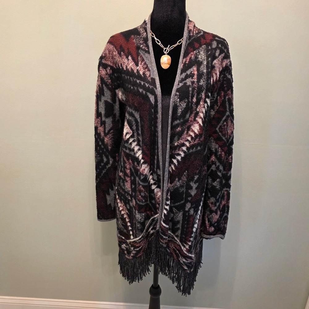 Lucky Brand Womens Southwestern Fringe Open Front Cardigan Sweater Burgundy M